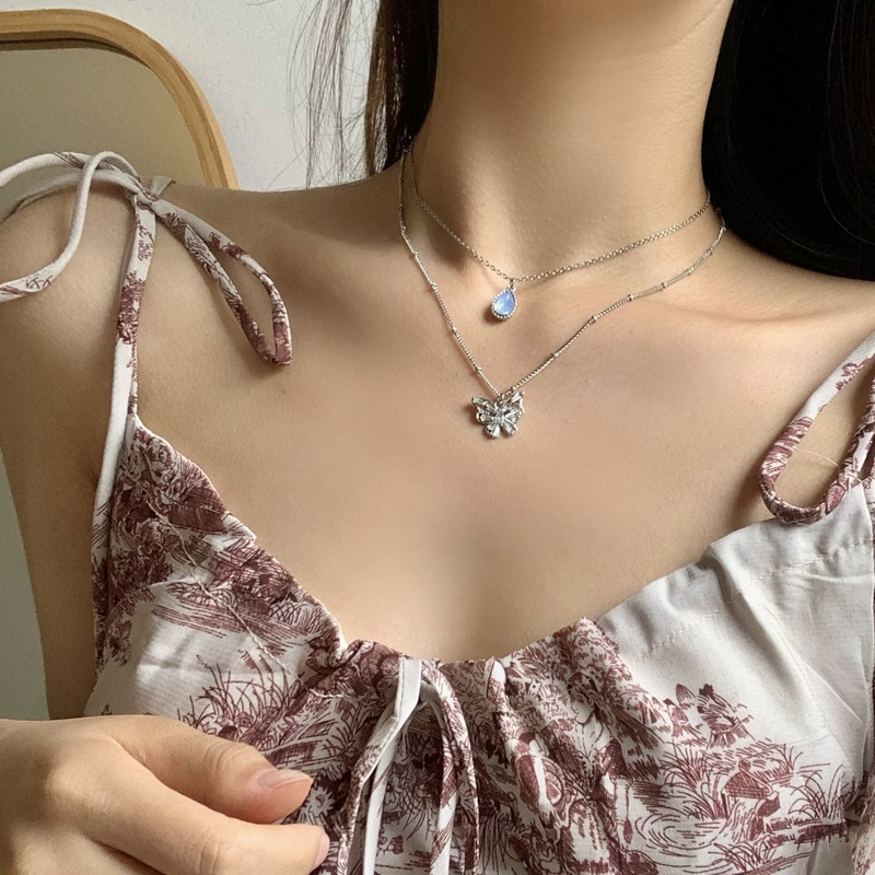 Blue Water Drop Butterfly Necklace Accessories Temperament Double Clavicle Chain