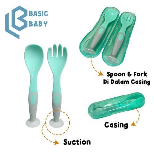 BASIC BABY TRAVEL SUCTION FEEDING SPOON + FORK + CASING SET