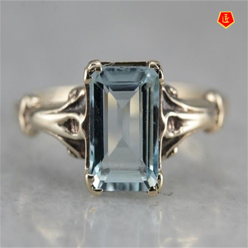 [Ready Stock]Women's Retro Classic Heart-Shaped Sea Blue Topaz 14K Gold Ring