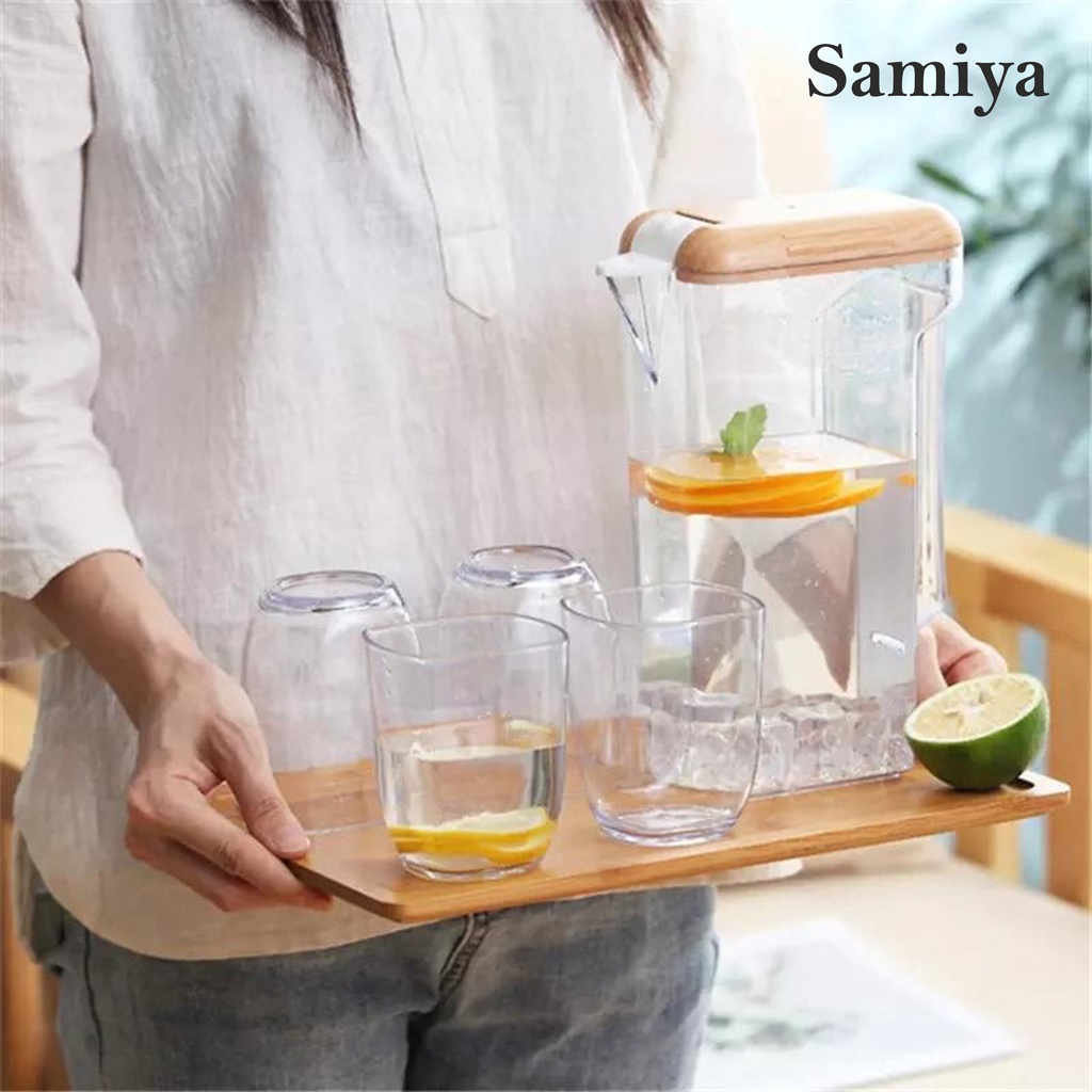 botol tempat air minum nordic style wood cover plastic / pitcher minuman set transparan free gelas