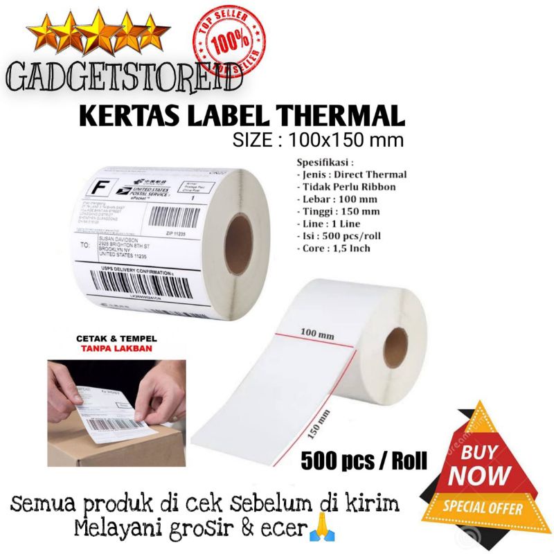 

GG - Kertas label Thermal gulung bercode 100x150 mm roll isi 300 lembar / roll isi 500 lembar kertas pinter thermal anti copot