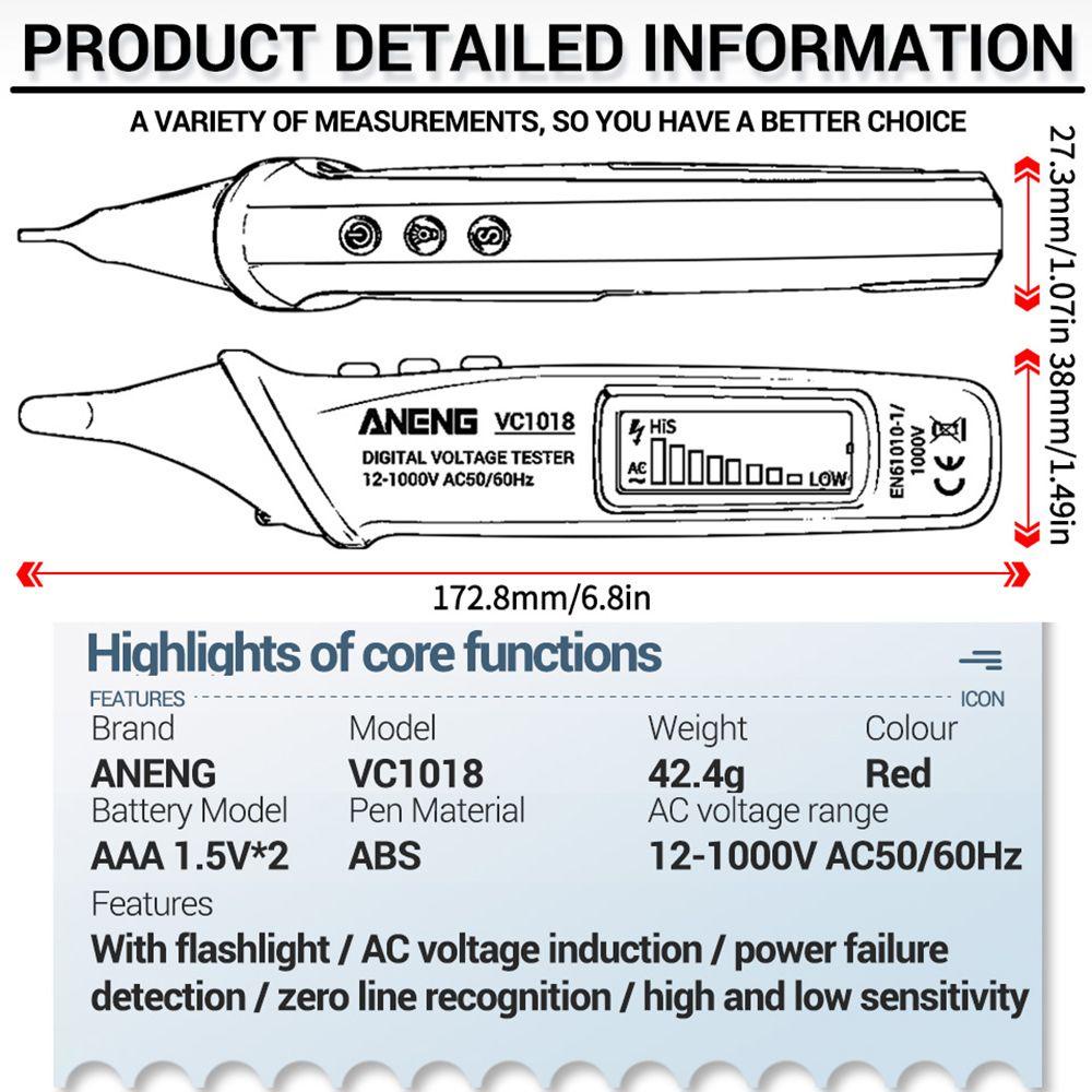 Solighter Electric Sensor Tester ANENG VC1018 Digital Display Alat Listrik Pen Style Electroscope