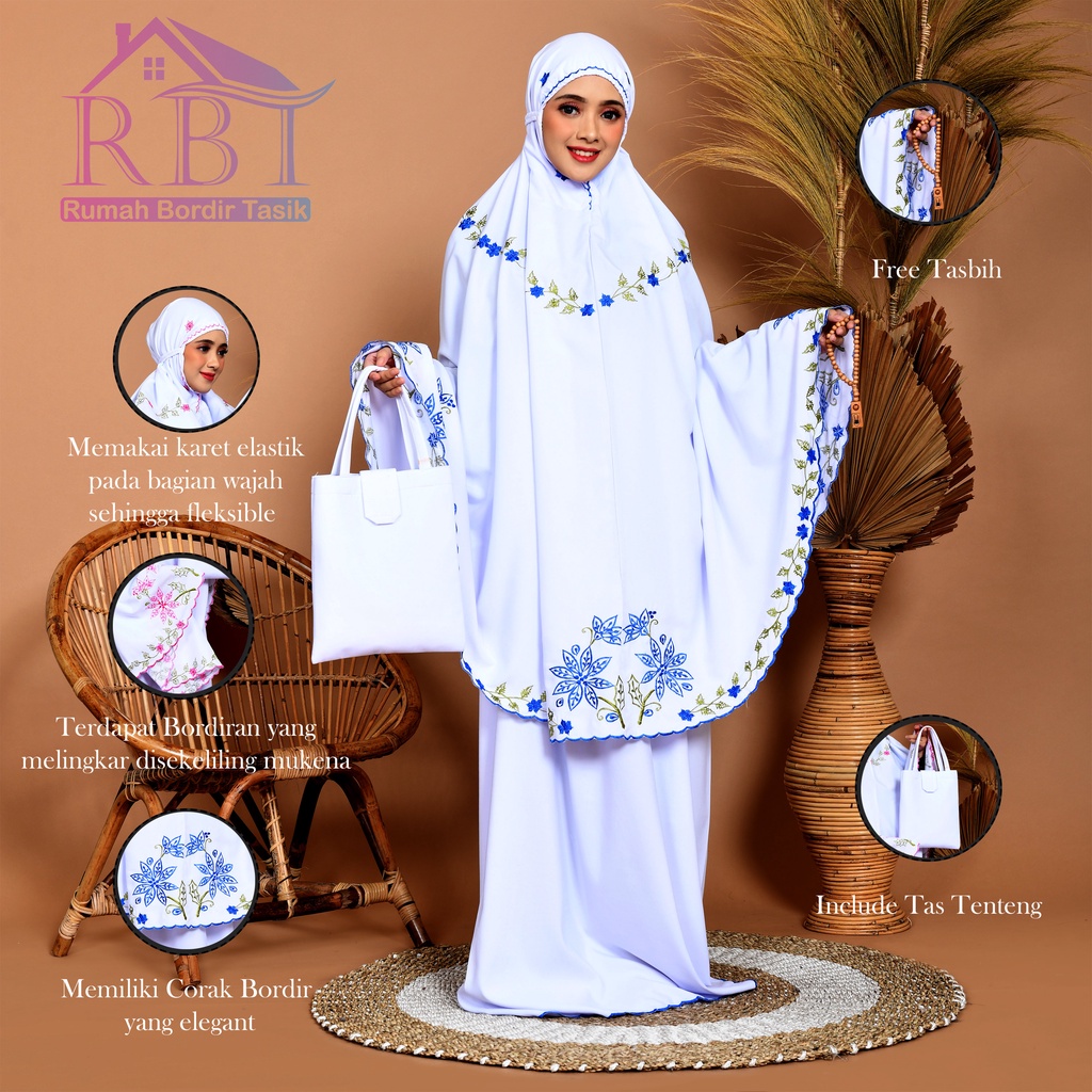 RBT - Mukena Putih Bordir Manual Motif Bunga Katun Premium