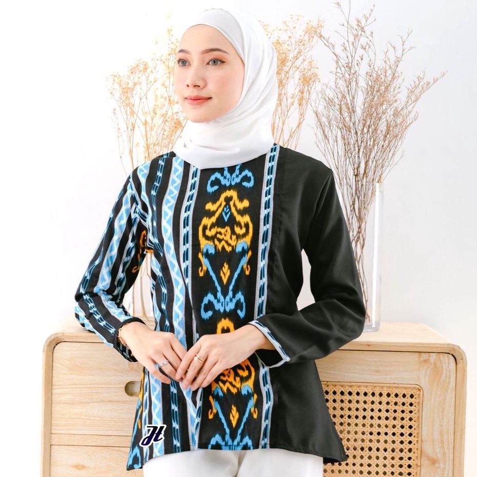 Atasan Blouse Batik Wanita Katun Kombinasi Motif Songket Biru Muda
