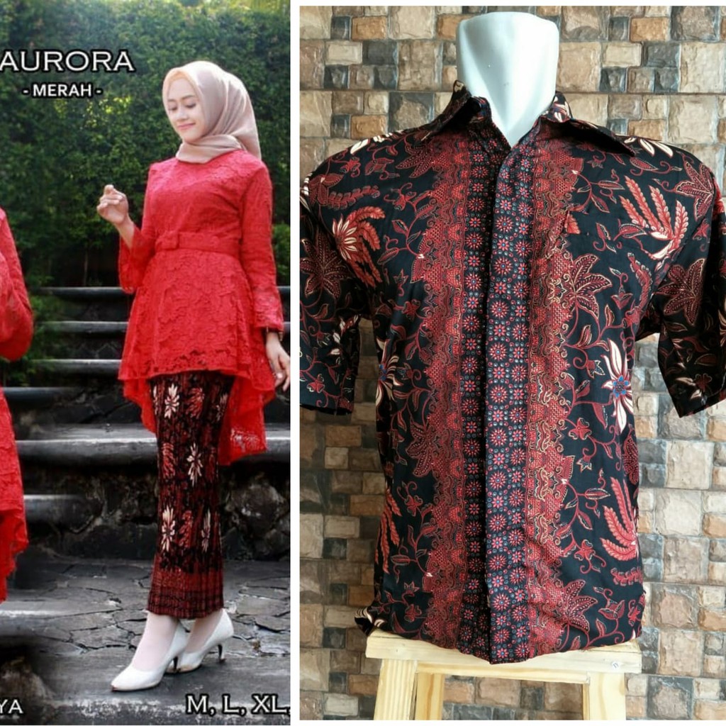 Couple Set Kebaya Brukat Aurora Hem Batik Lengan Pendek Trendy