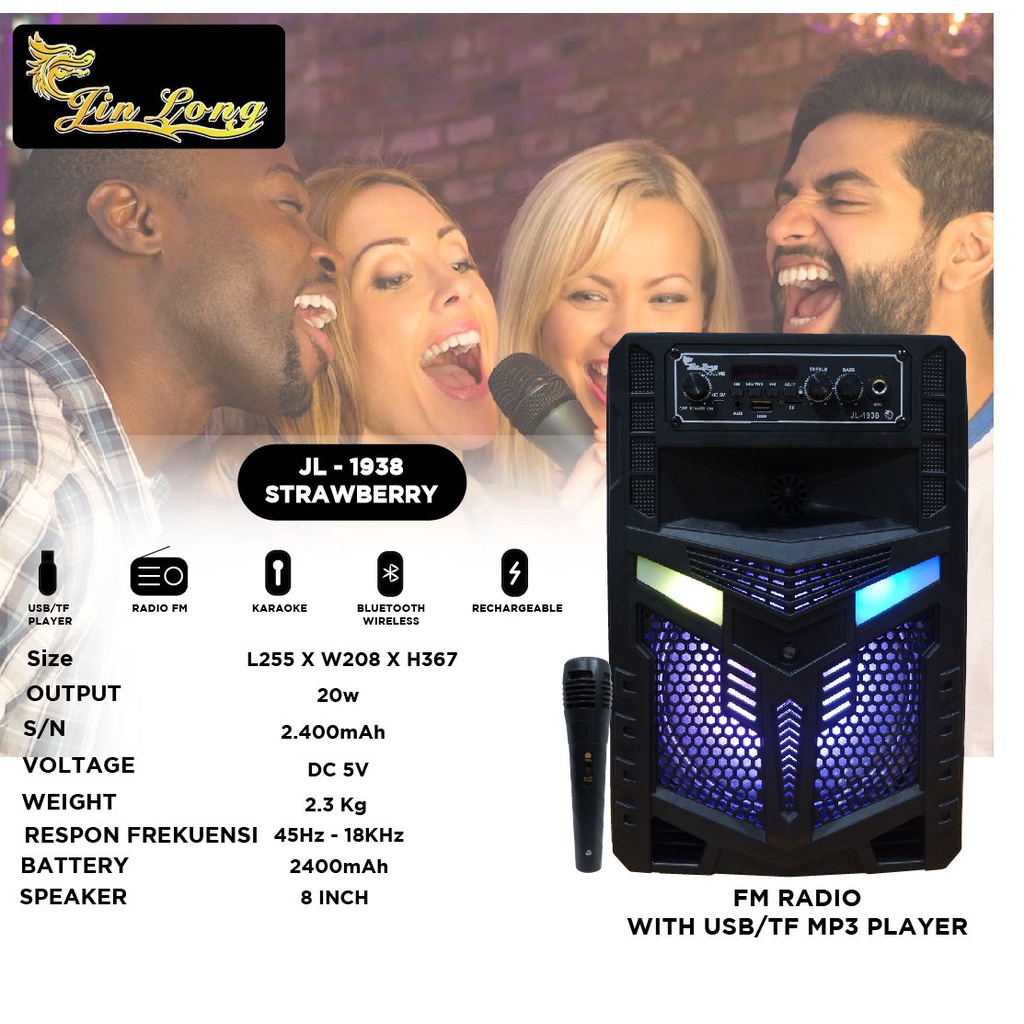 SPEAKER JINLONG ORIGINAL JL 1938 STRAWBERRY SPEAKER BLUETOOTH SPEAKER KARAOKE