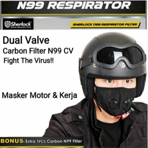 Masker Motor N99 Carbon Filter Dual valve BONUS!!! 2pcs Filter pm2.5 SHERLCOK