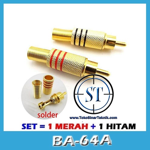 BA-64A Jack RCA Audio Gold 1 Pasang RCA Plug Male Besi Merah Hitam Input Suara Sound Box Jantan