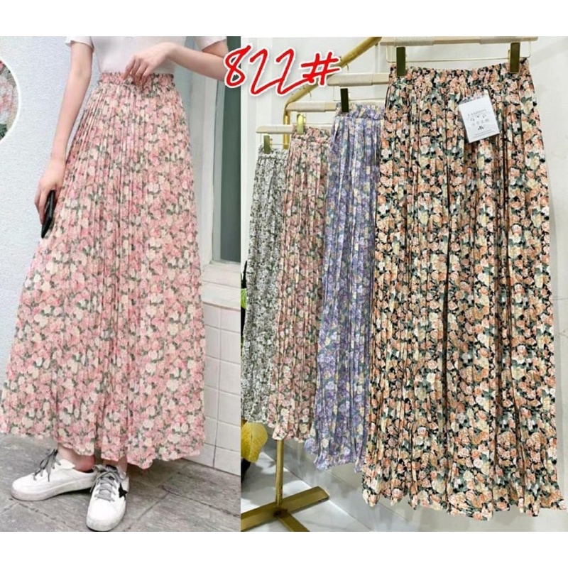 Korean Chiffon Flower Pleated Long Skirt Import Premium ( Rok Sifon Korea Prisket Panjang )