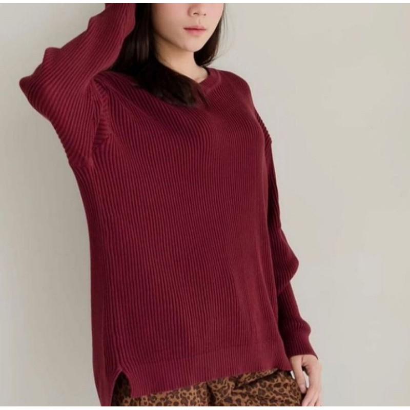 BOXY V NECK Rajut Premium Halus Sweater Rajut Boxy Muat XL-Maroon Boxy V