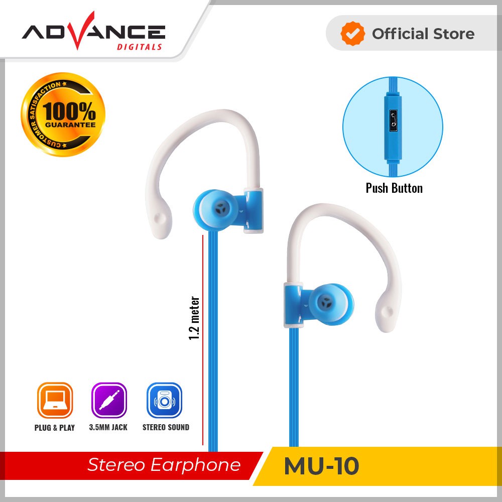 Advance Digitals Earphone Bluetooth 3.5MM Stereo Headset Powerful Sound With Mic MU10 Garansi Resmi 1 tahun