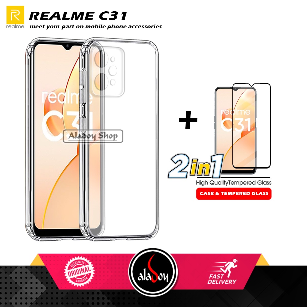 Casing Realme C31 New Case Ultrathin Premium  Softcase Clear HD + Tempered Glass Full Cover