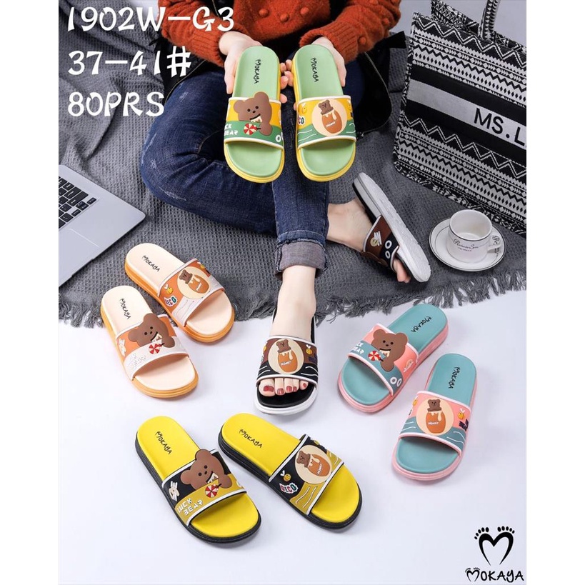 Sandal Slop Jelly Wanita Tebal Empuk Motif Doodle Bear &amp; Mini Bear Super Cute Pretty Kekinian Import Mokaya / Size 37-41 (1902W-162 &amp; 1902W-163/1902W-G3)