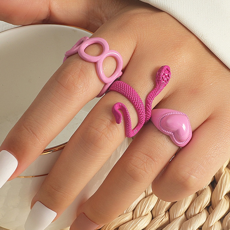 3pcs Cincin Bentuk Ular Warna Pink Bahan Metal Untuk Wanita