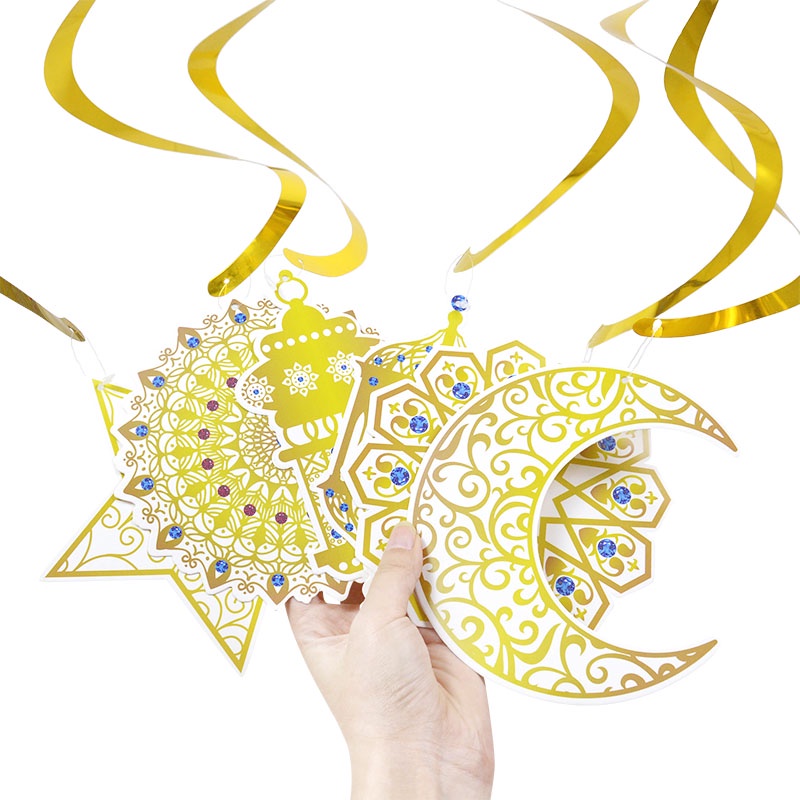 6pcs / Set Banner Gantung Motif Bulan / Bintang / Spiral Warna-Warni Untuk Dekorasi Ramadhan / Eid Mubarak
