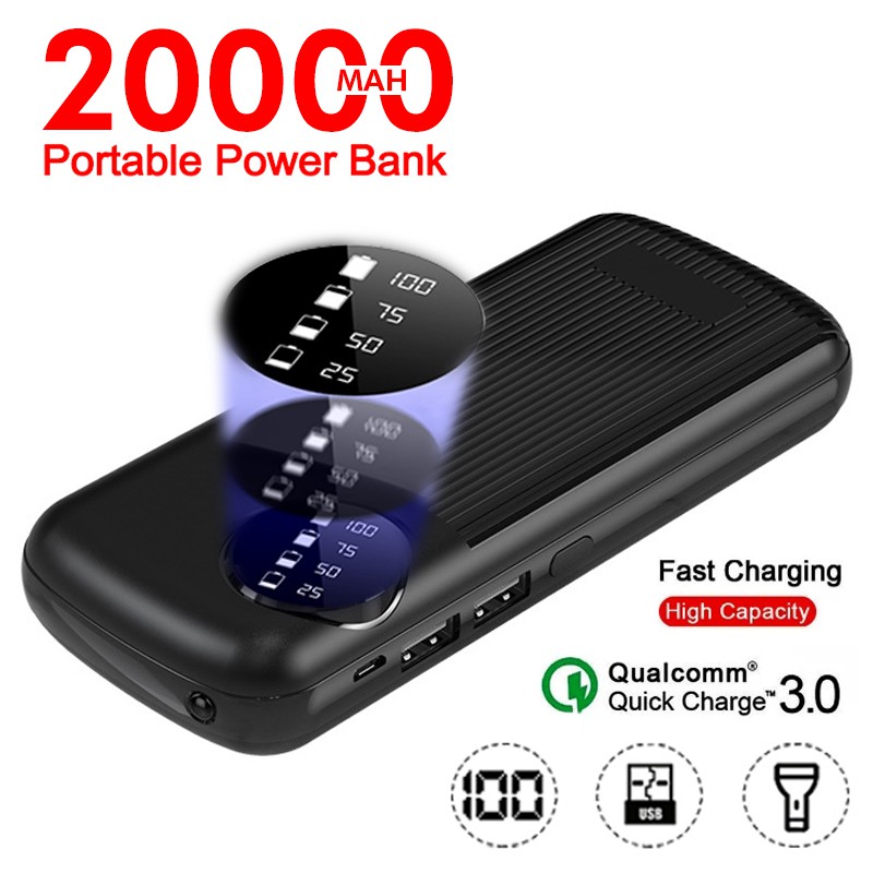 Portable Power Bank 20000mAh 2A Real Capacity Quick Charge Dual Port LED Display