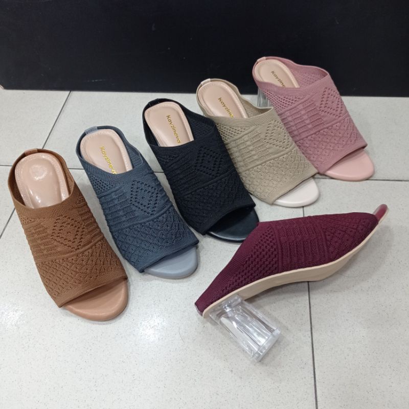 Sandal sepatu hak kaca high heels tahu wanita model rajut 7cm