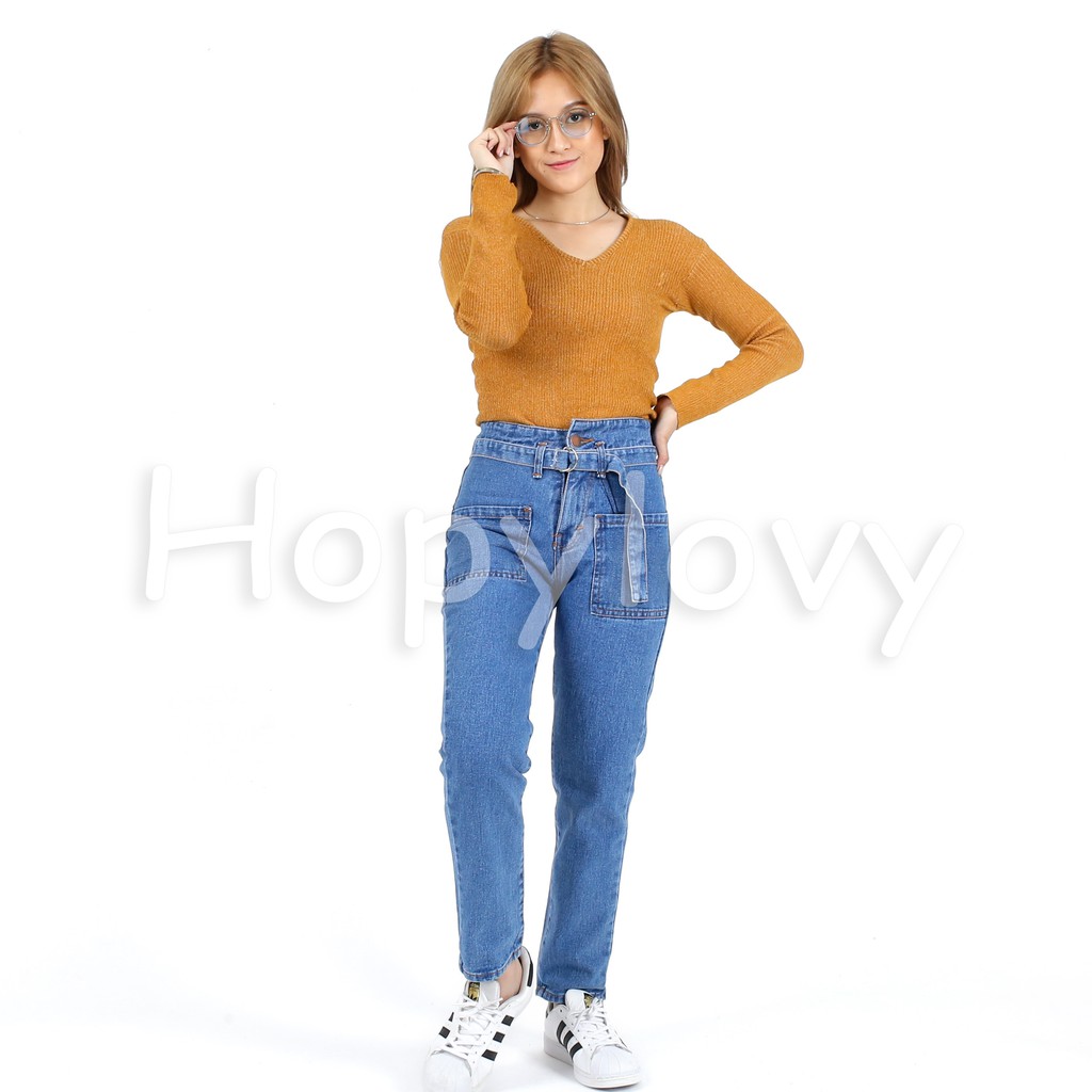 HOPYLOVY - Celana Boyfriend Jeans Wanita Termasuk Belt BF Umaru