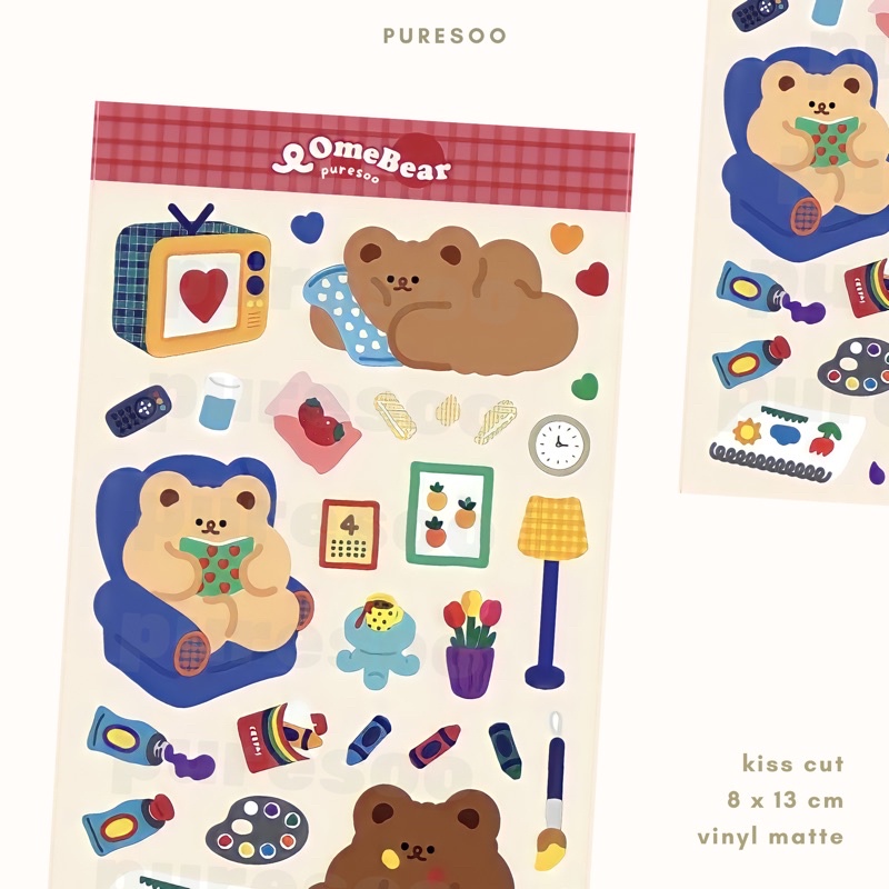 

puresoo - lazy homebear sticker sheet, kiss cut (langsung tempel) vinyl matte, korean style, cute journal deco sticker sheet