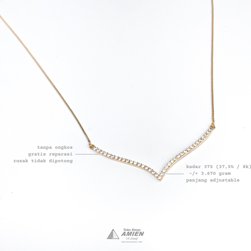Toko Emas Amien Kalung Emas Asli HWT Kadar 375 (37,5% / 8K) 3.670 Gram - Kalung V Permata Putih Insp
