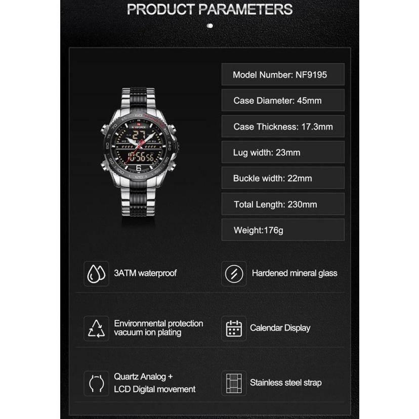 JAM TANGAN COWOK DUAL TIME RANTAI STAINLESS TYPE NAVIFORCE NF-9195 ORIGINAL WATERESISTAN 3 ATM/JAM TANGAN COWOK DUAL TIME ANALOG-DIGITAL