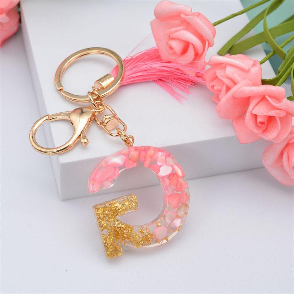 NEEDWAY 26huruf Gantungan Kunci 1PC Glitter Gradiasi Pink Jumbai Liontin Ornamen Gantungan Kunci Mobil Gantungan Kunci Alfabet