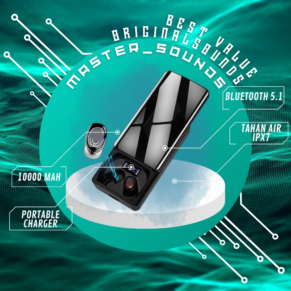 Earphone Headset Tws Bluetooth 5.1 Wireless 10000 mAH Power Bank Low Latency Gaming Mode Full Stereo