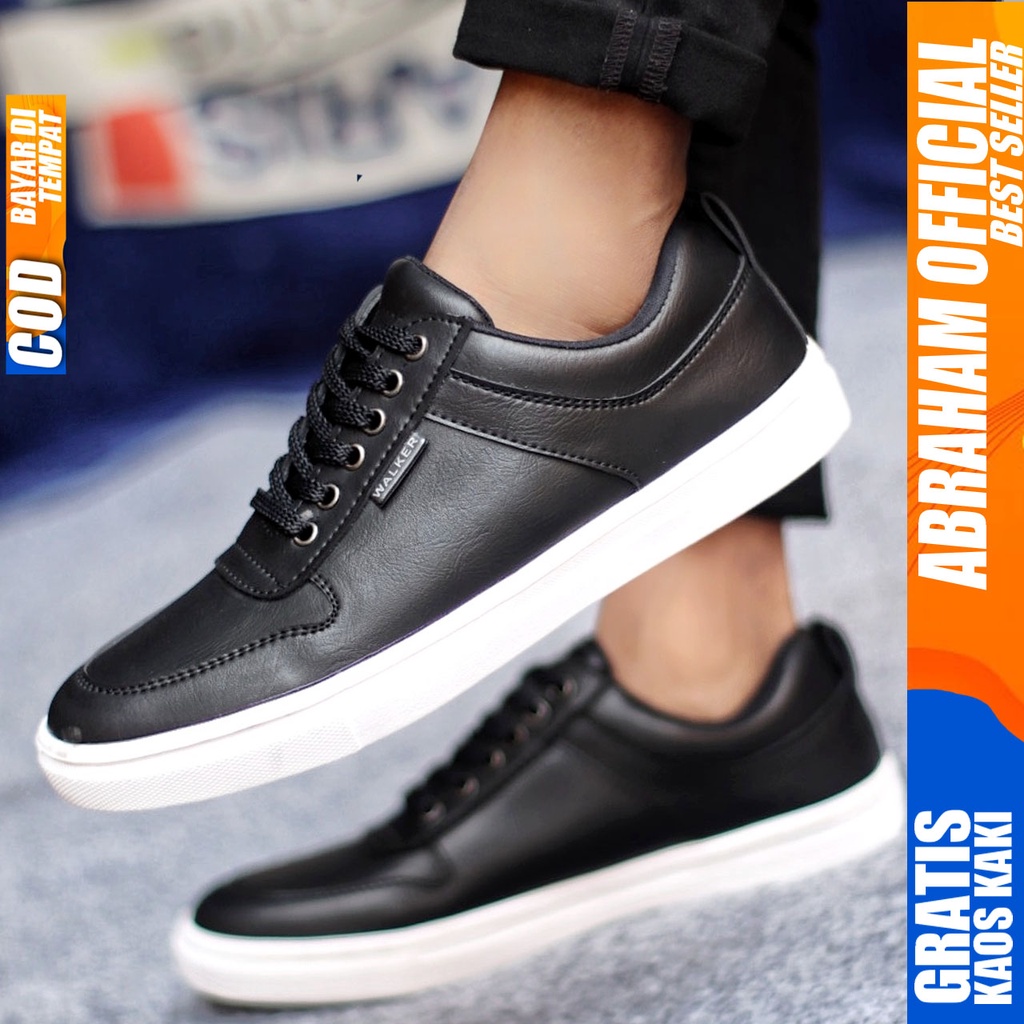 Sepatu Kasual Pria Sneakers Casual Kulit Pu Kerja Polos Hitam Coklat TIAGO ABRAHAM