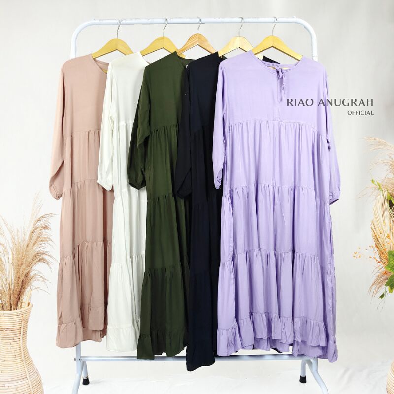 Rachel Long Tunik Midi Dress Gamis Muslim Katun Rayon Polos  Atasan Wanita Model Rempel Tumpuk Payun