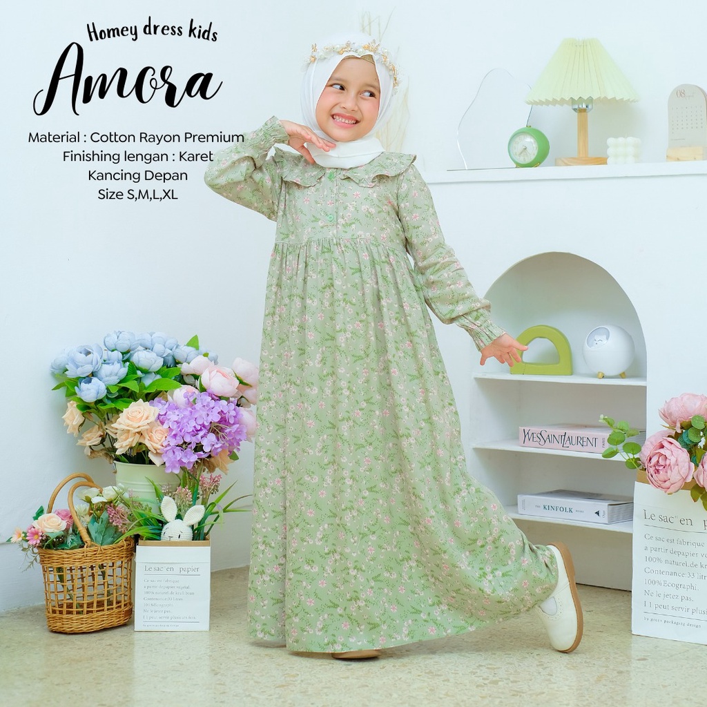 Terlaris-Busana Muslimah Anak-Homey Dress AMORA Kids-Gamis Anak Best Seller Bahan  Rayon Premium-Umur 4 sd 12 tahun