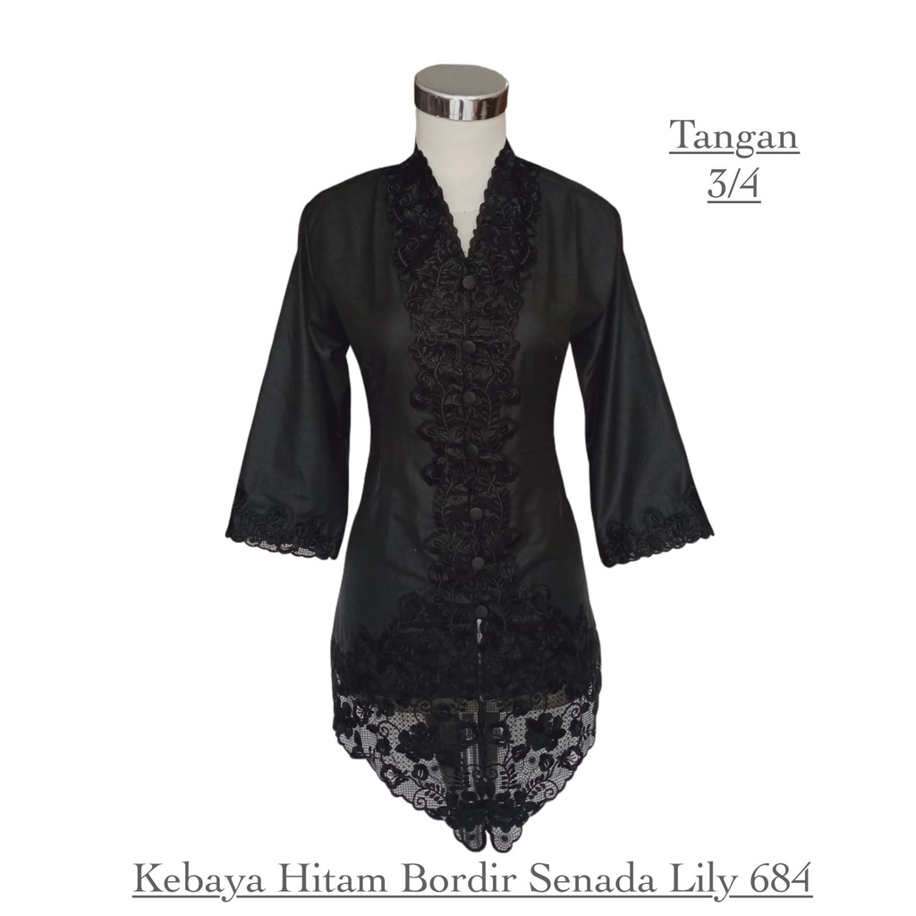 Kebaya Hitam Bordir Tangan 3/4 Senada Lily H 684
