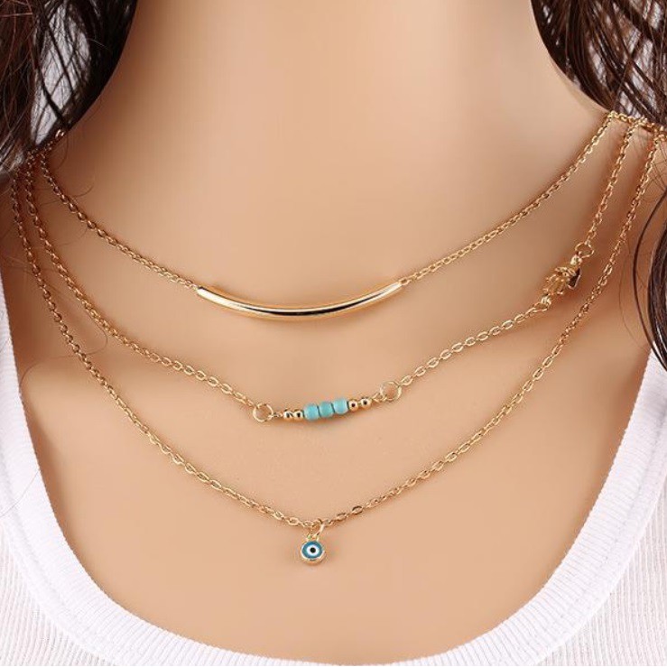 Kalung Rantai Wanita MULTI Gaya Korea Fashion Mutiara Gembok Layer Tassel Tumpuk Titanium Alloy