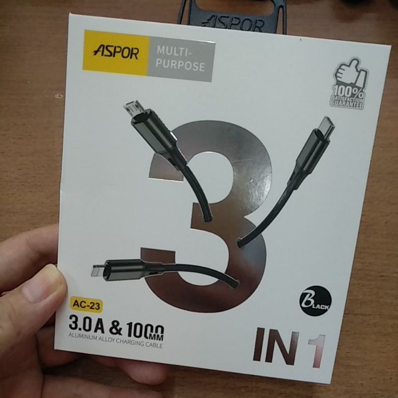 cabledata fast charger cable 3in1 Aspor 3A aluminium alloy charging cable 1m