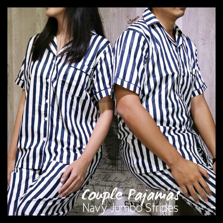 PIYAMA COUPLE DEWASA KATUN / BAJU TIDUR COUPLE / COUPLE PAJAMAS - NAVY PINSTRIPES