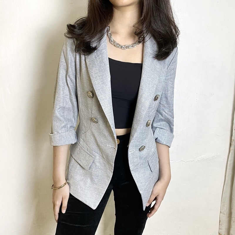 outer blazer double breasted size M abu abu agak biru preloved second branded original