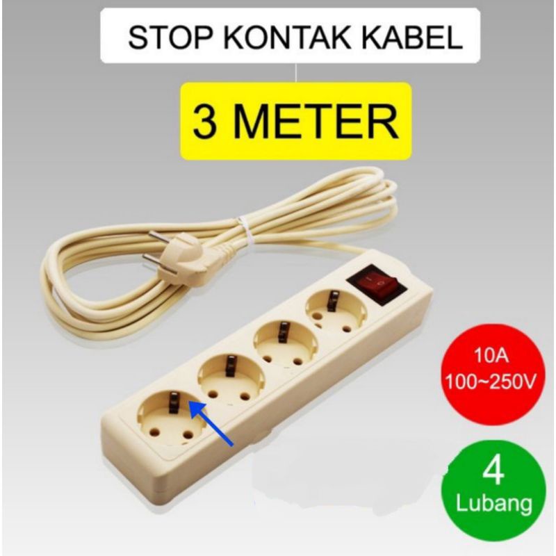 Stop Kontak 4 Lubang + Kabel 3 meter / Stop Kontak Kabel Gecom siap pakai ( terminal)