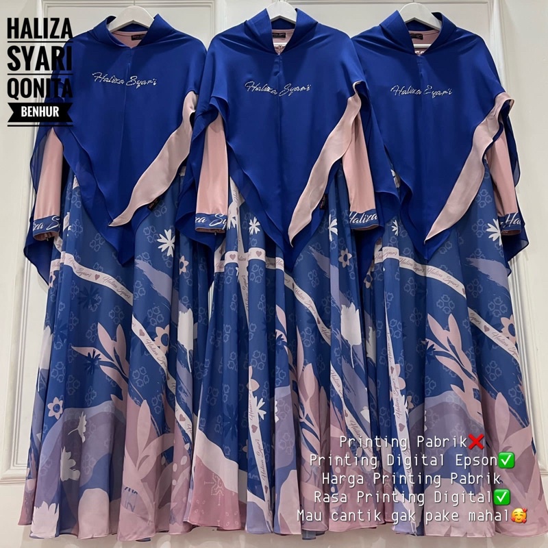 Haliza Syari Qonita Benhur// Gamis syari// Gamis printing// Dress set khimar printing by Haliza Syar