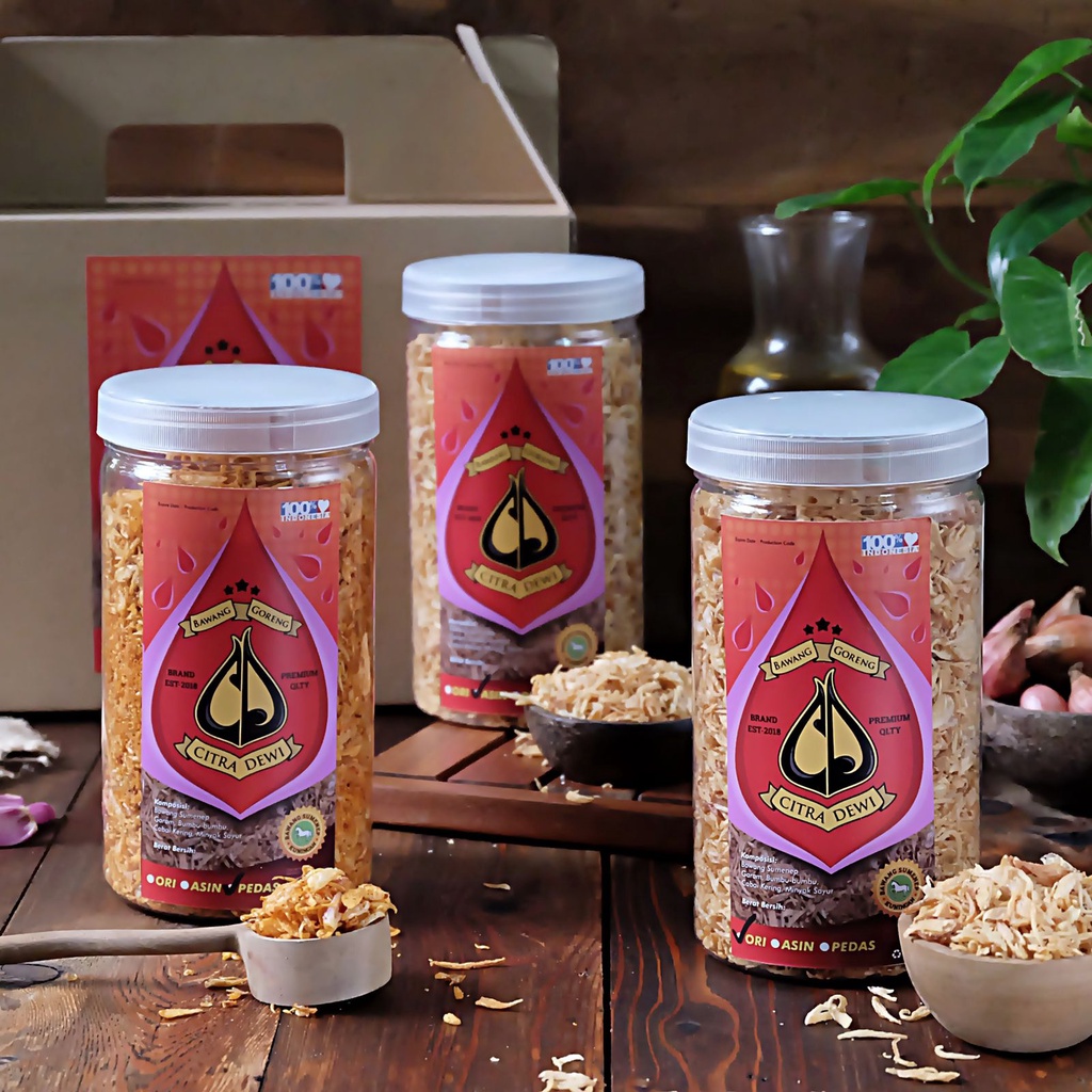 

Bawang Goreng Sumenep Asli Bawang Goreng Citra Dewi Kemasan Paket isi 3 rasa (ori,asin,pedas) @ 250g