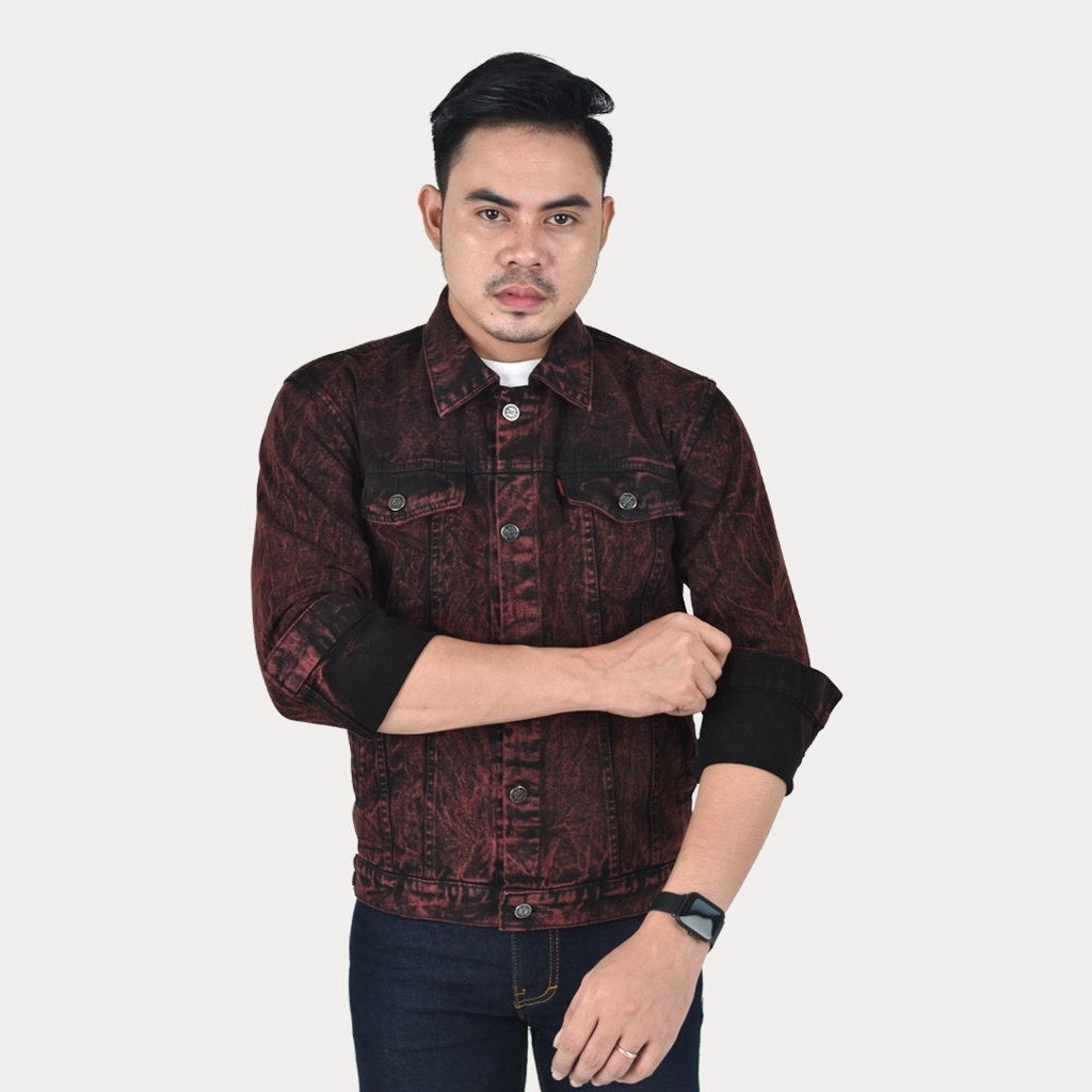 EMOLINE Jaket Jeans Pria Denim Tebal High Quality Sandwash Maroon