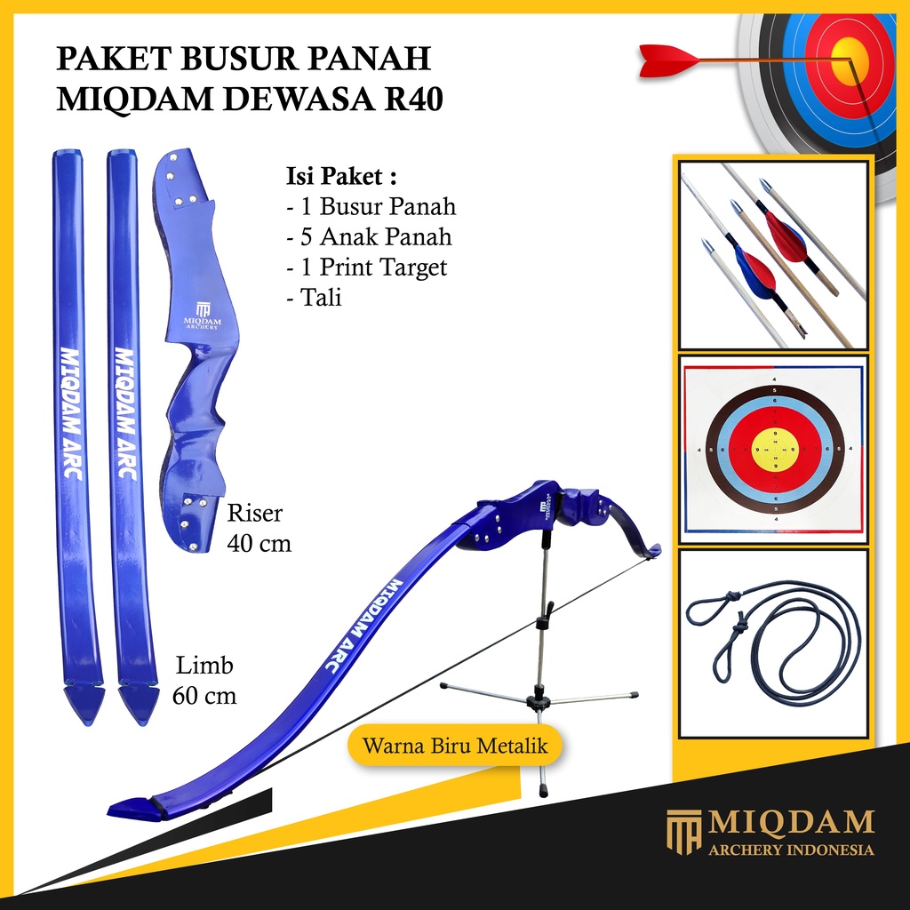Busur Panah Miqdam Dewasa R40 || Face Target || 5 Arrow Bambu Petung Point Anhas Vanes Lakban Kain