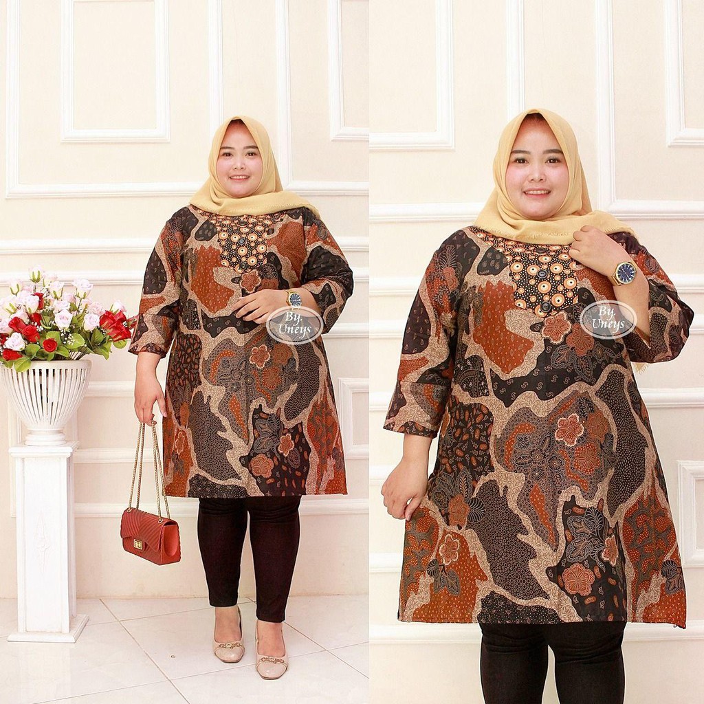 Tunik Batik Wanita Ukuran Jumbo LD 140cm Resleting Belakang Bahan Katun Adem Di Pakai Serap Keringat