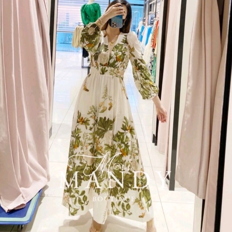 05520 Fashion Baju Maxi dress lengan panjang motif hijau putih luaran hijab seragaman Vineck santai 