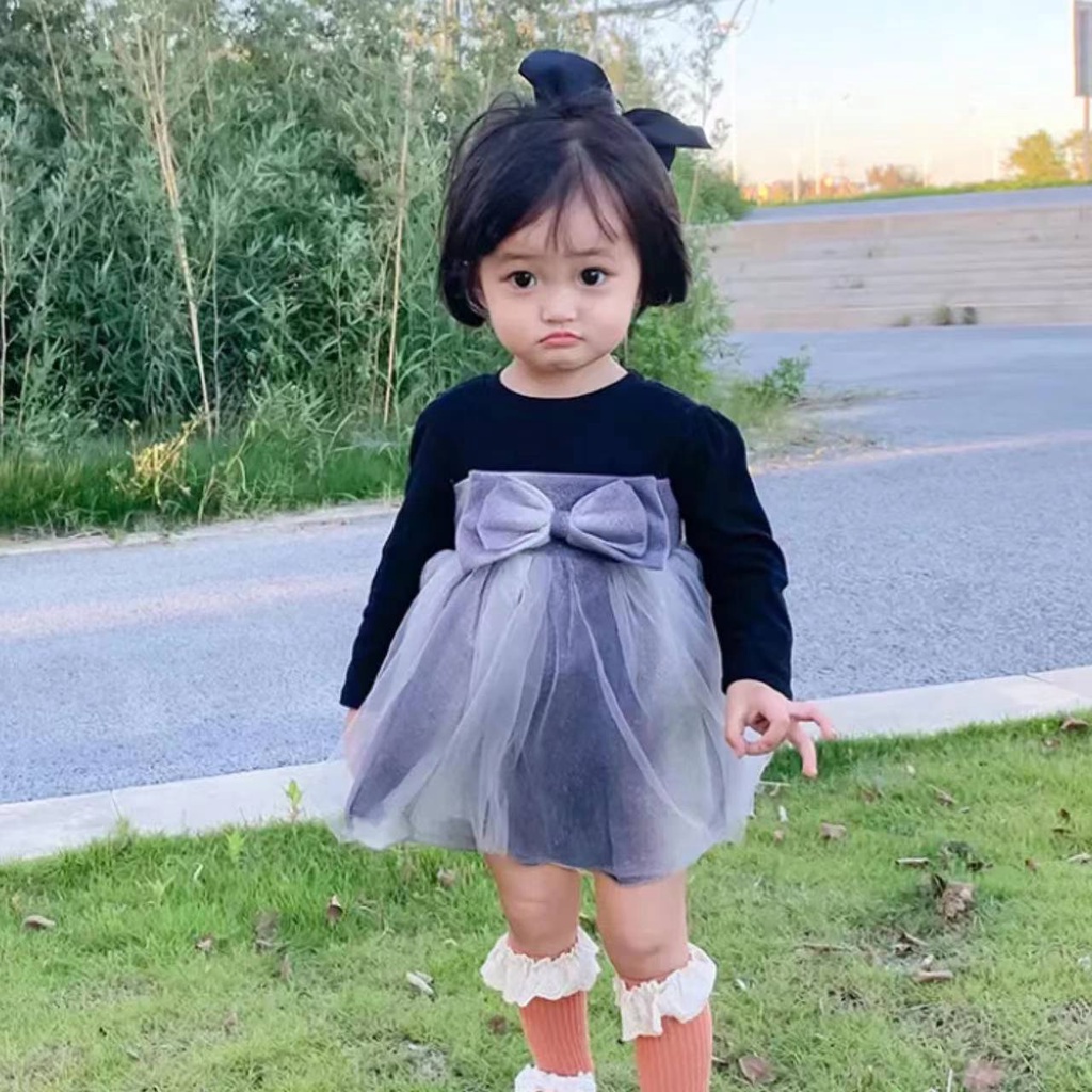 KF CAT Dress Anak Perempuan Gaun Tutu Pesta Ulang Tahun Pita Manis  Lengan Panjang Korea Fashion Trendy Import 6 Bulan-3 Tahun-8