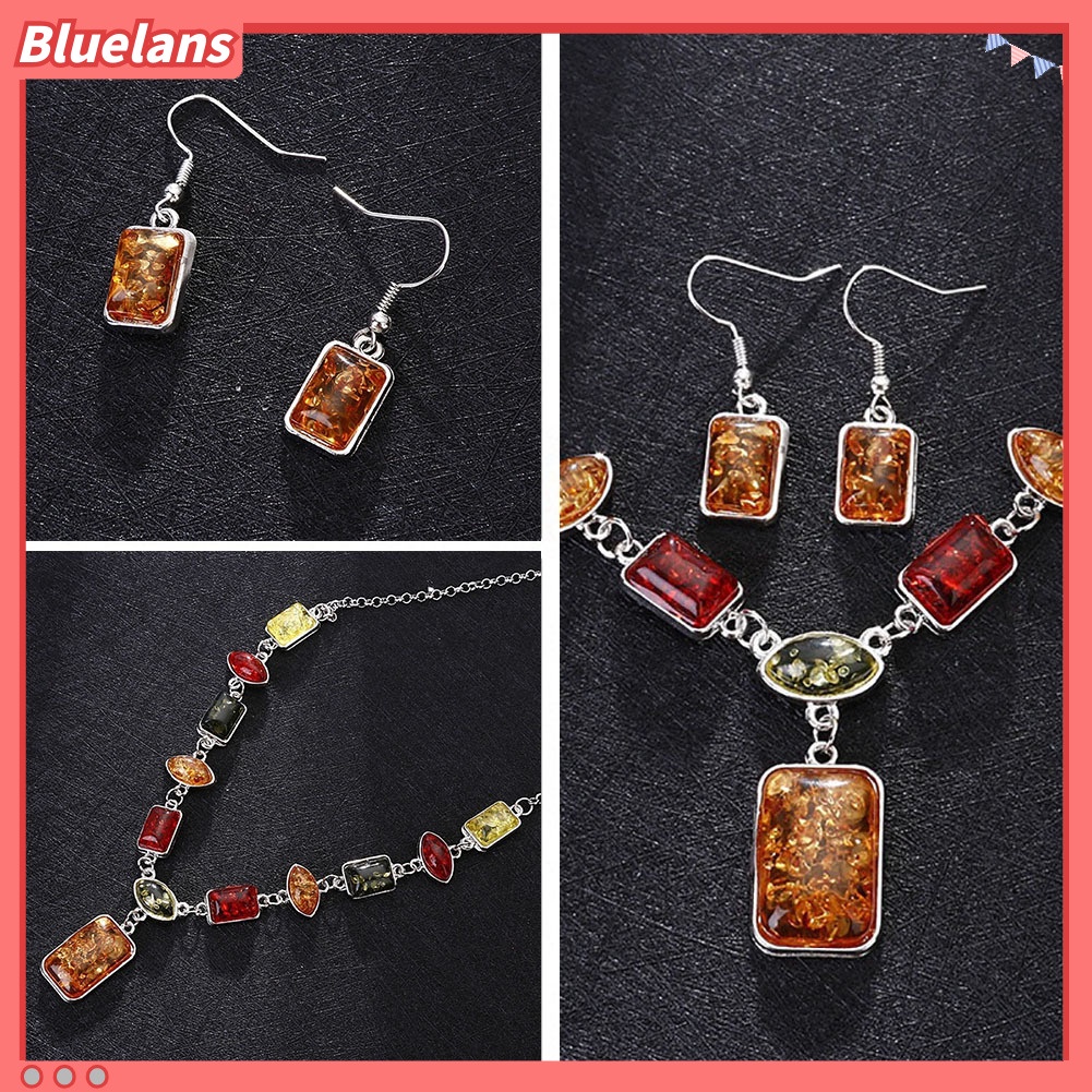 Bluelans Square Oval Amber African Style Women Necklace Hook Earrings Party Jewelry Set