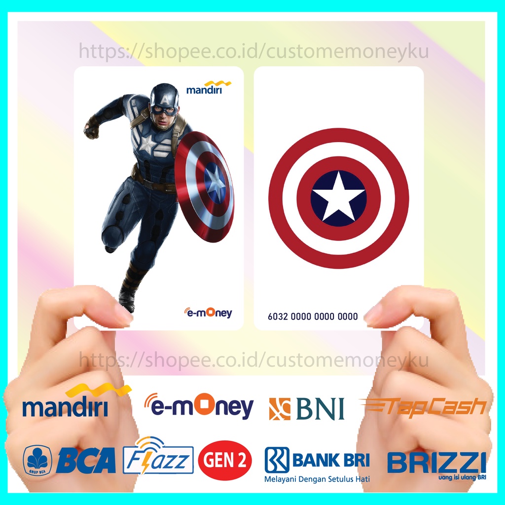 KARTU EMONEY SUPERHERO MARVEL CAPTAIN AMERICA STEEVE ROGER ETOLL E-MONEY MANDIRI FLAZZ BCA GEN 2 TAPCASH BRIZZI - 2 SISI