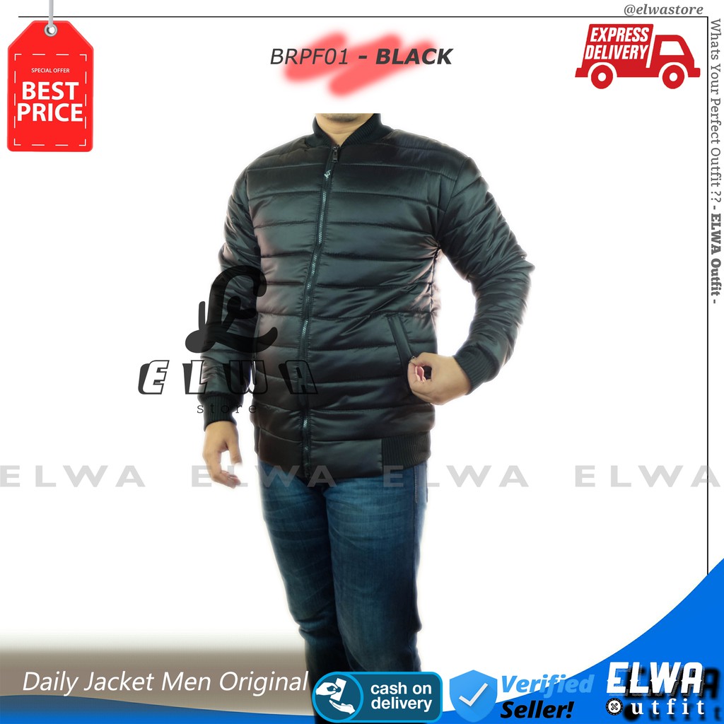 BRPF01 Jaket Bomber Puff Kembung Model Winter Bulu Angsa Pria Jaket Motor Cowok Premium - BLACK
