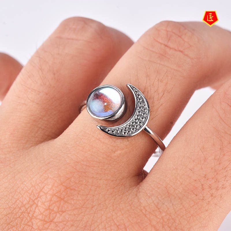 [Ready Stock]925 Silver Moonstone Ring Sun Moon Gem Creative Personality