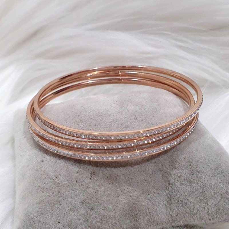 Gelang Titanium asli Rosegold Mata kilau mirip emas asli Gelang keroncong isi 3pcs full mata Premium Quality anti karat anti alergi Stainless steel ori Rosegold 9801