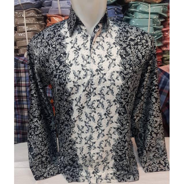 KEMEJA BATIK FURING HITAM PUTIH MONOKROM LICIN LAPIS PURING SEMI SUTRA REGULAR FIT