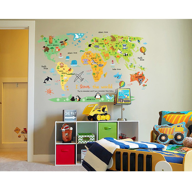 RELIZA WALL STICKER PETA DUNIA ANAK MAP I LOVE THE WORLD ANIMAL ABC1049 STIKER DINDING